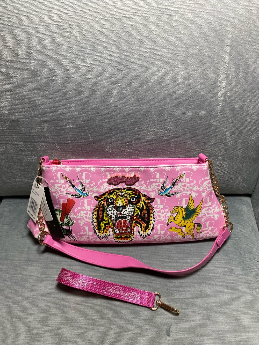 Ed Hardy Pink Graphic Shoulder Bag with Rhinestone Tiger, Gold Chain Accents